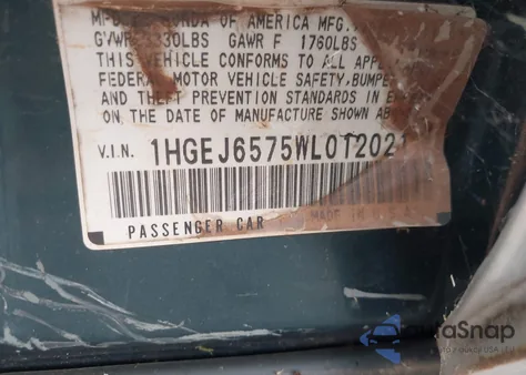 1998 Honda Civic Lx z USA, uszkodzony, nr VIN 1HGEJ6575WL012021